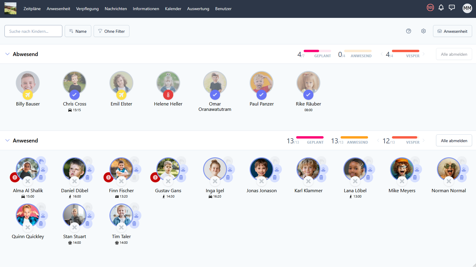 easychild Live-Dashboard mit anwesenden und abwesenden Kindern samt Statusanzeigen