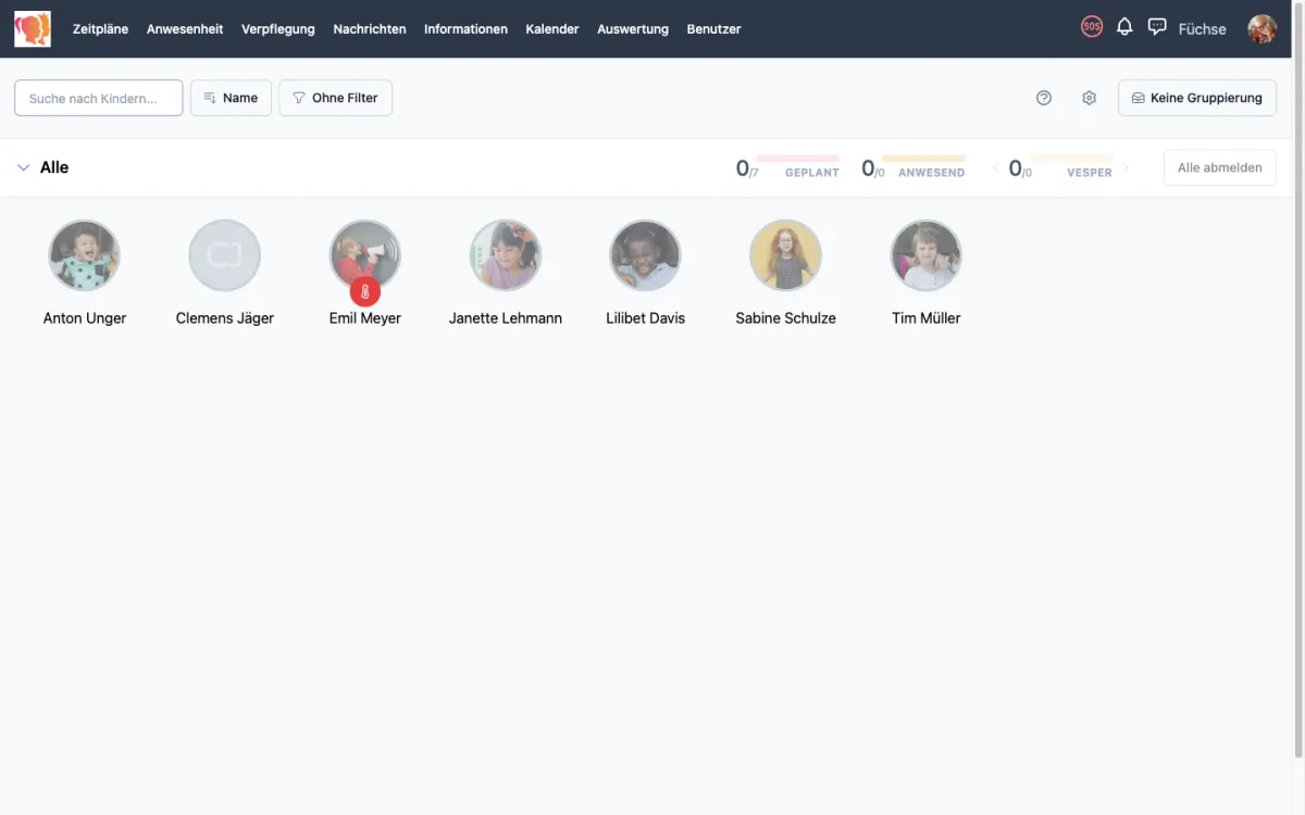 easychild Dashboard mit Tageszahlen und Kinderkarten